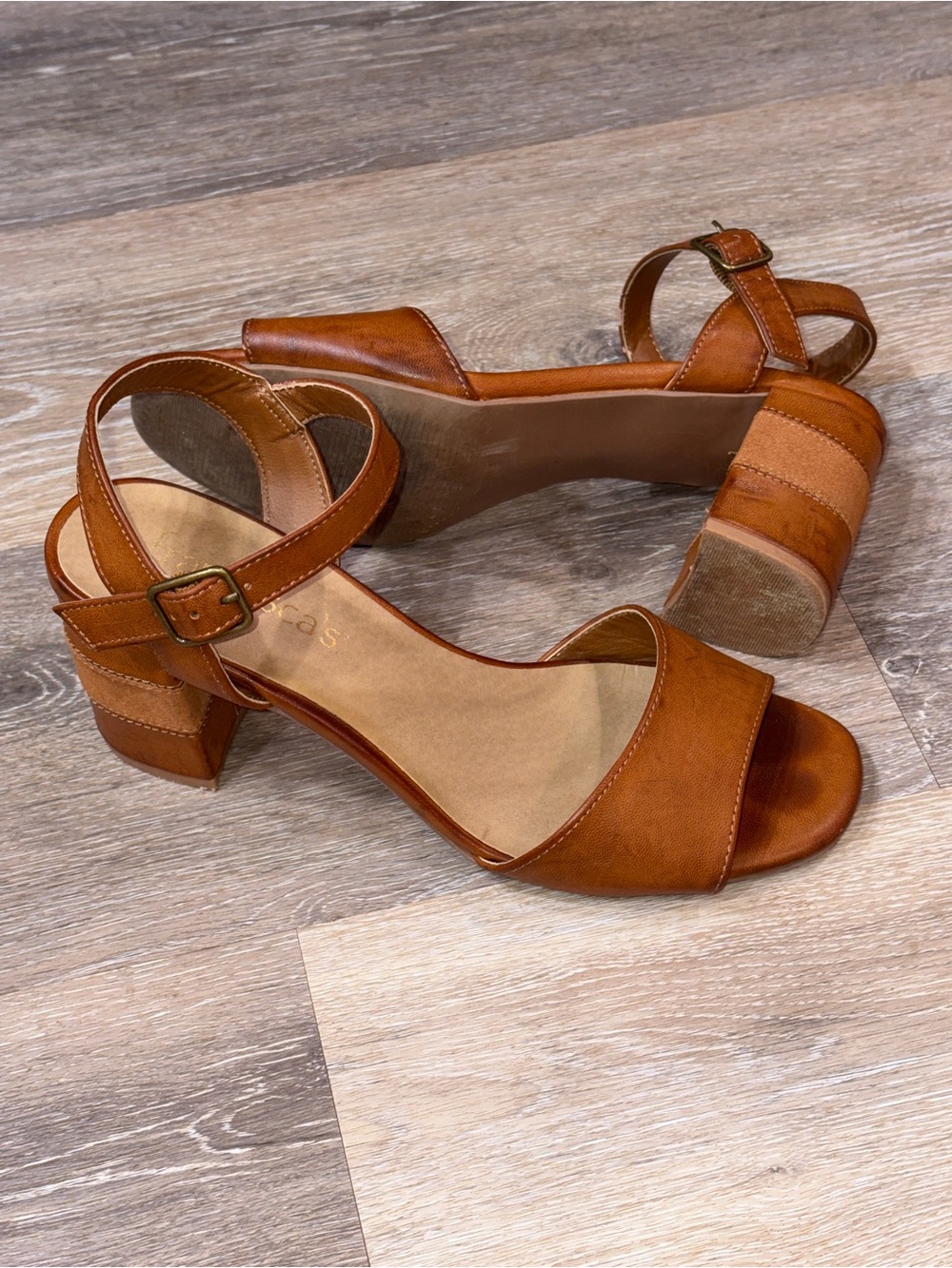 Francesca's Collections Cognac Brown Block Heel Sandals with Ankle Buckle